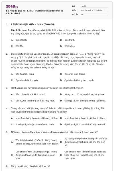 Bộ 7 đề thi giữa kì 1 KTPL 11 Cánh diều cấu trúc mới có đáp án - Đề 4