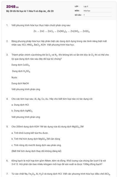 Bộ 30 đề thi học kì 1 Hóa 9 có đáp án_ đề 20