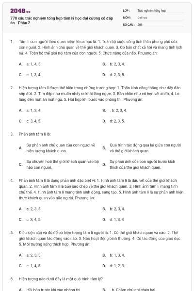 778 câu trắc nghiệm tổng hợp tâm lý học đại cương có đáp án - Phần 2