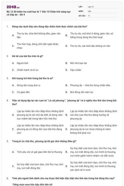 Bộ 12 đề kiểm tra cuối học kì 1 Văn 10 Chân trời sáng tạo có đáp án - Đề 4