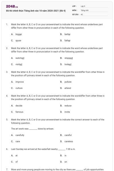 Đề thi chính thức Tiếng Anh vào 10 năm 2020-2021 (Đề 4)