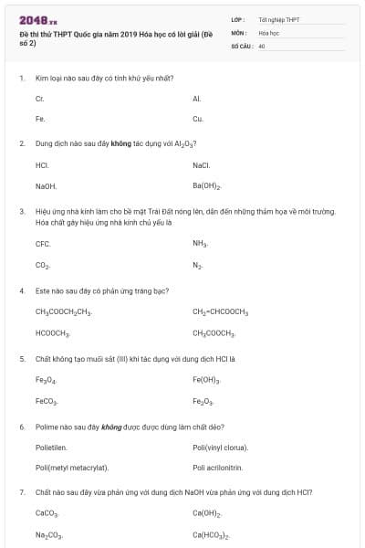 Đề thi thử THPT Quốc gia năm 2019 Hóa học có lời giải (Đề số 2)