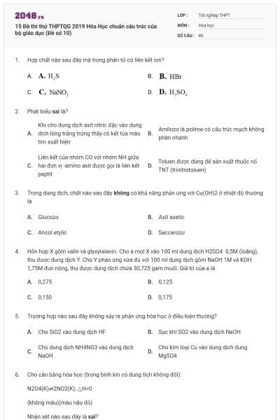15 Đề thi thử THPTQG 2019 Hóa Học chuẩn cấu trúc của bộ giáo dục (Đề số 10)