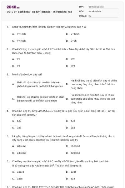 ĐGTD ĐH Bách khoa - Tư duy Toán học - Thể tích khối hộp