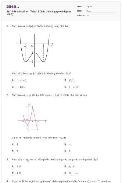 Bộ 10 đề thi cuối kì 1 Toán 12 Chân trời sáng tạo có đáp án (Đề 3)