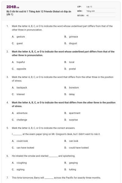Bộ 5 đề thi cuối kì 1 Tiếng Anh 12 Friends Global có đáp án (đề 1)