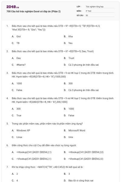 700 Câu hỏi trắc nghiệm Excel có đáp án (Phần 2)