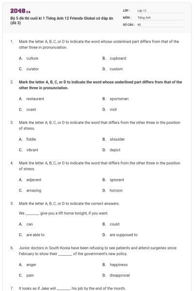 Bộ 5 đề thi cuối kì 1 Tiếng Anh 12 Friends Global có đáp án (đề 3)