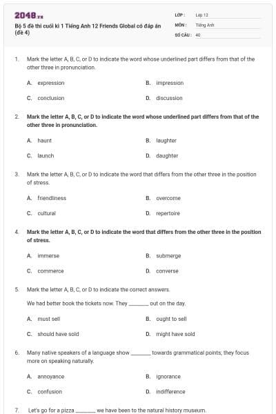 Bộ 5 đề thi cuối kì 1 Tiếng Anh 12 Friends Global có đáp án (đề 4)