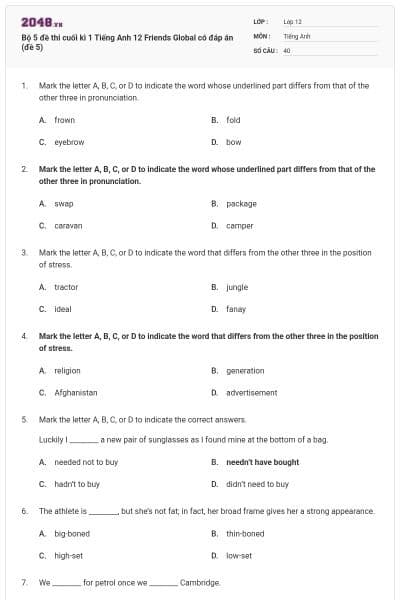 Bộ 5 đề thi cuối kì 1 Tiếng Anh 12 Friends Global có đáp án (đề 5)