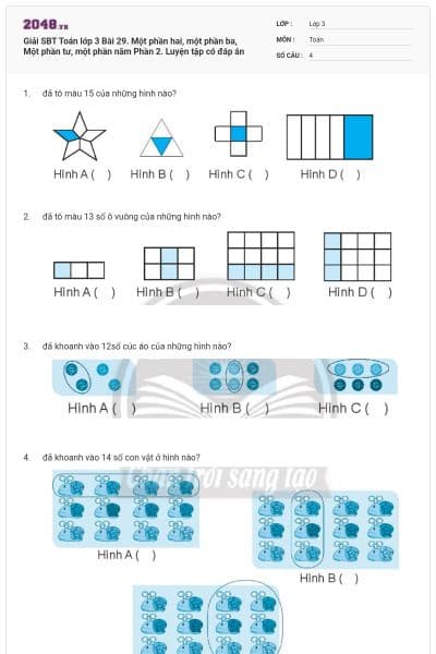 Giải SBT Toán lớp 3 Bài 29. Một phần hai, một phần ba, Một phần tư, một phần năm Phần 2. Luyện tập có đáp án