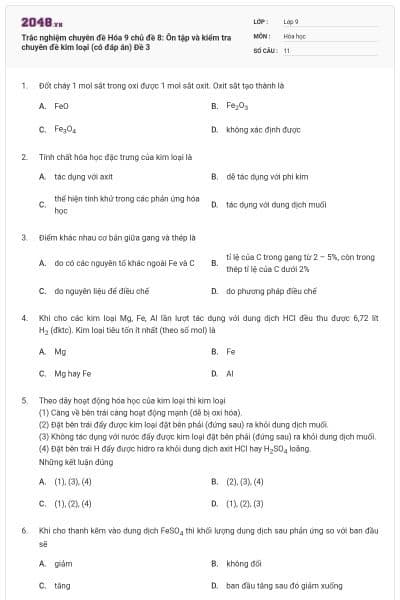 Trắc nghiệm chuyên đề Hóa 9 chủ đề 8: Ôn tập và kiểm tra chuyên đề kim loại (có đáp án) Đề 3