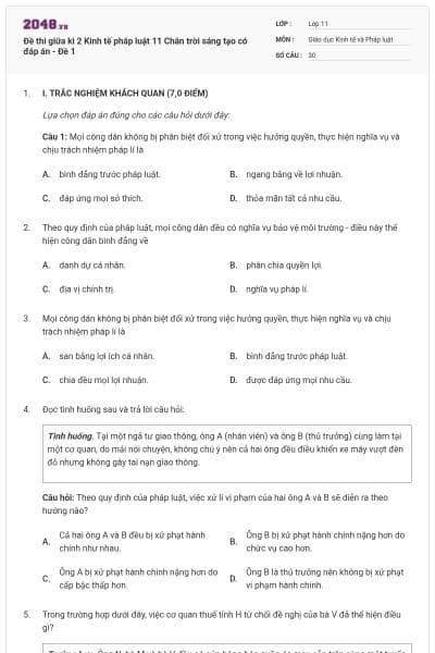 Đề thi giữa kì 2 Kinh tế pháp luật 11 Chân trời sáng tạo  có đáp án - Đề 1