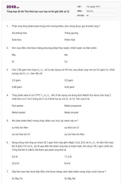 Tổng hợp đề thi Thử Hóa học cực hay có lời giải (Đề số 3)