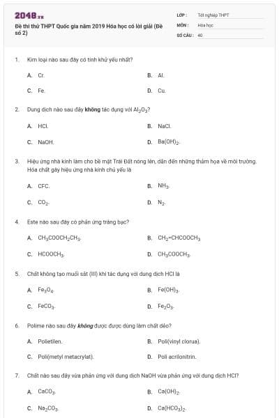 Đề thi thử THPT Quốc gia năm 2019 Hóa học có lời giải (Đề số 2)