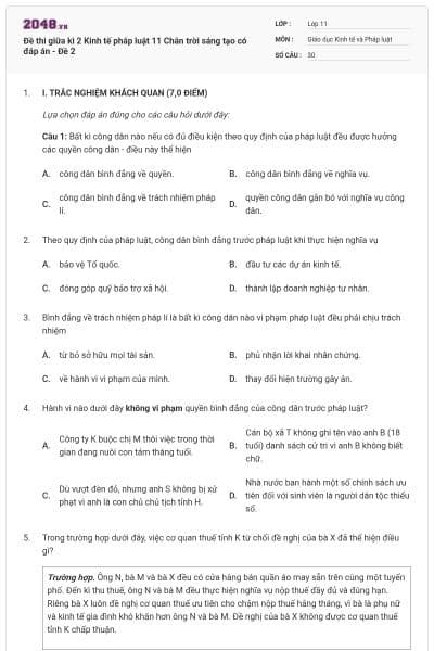 Đề thi giữa kì 2 Kinh tế pháp luật 11 Chân trời sáng tạo có đáp án - Đề 2