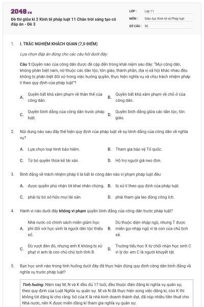 Đề thi giữa kì 2 Kinh tế pháp luật 11 Chân trời sáng tạo có đáp án - Đề 3