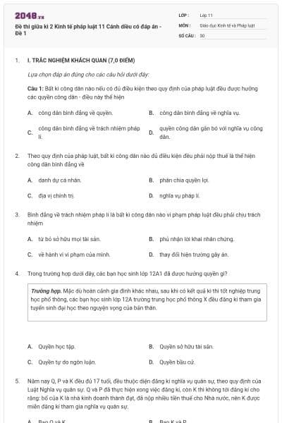 Đề thi giữa kì 2 Kinh tế pháp luật 11 Cánh diều có đáp án - Đề 1