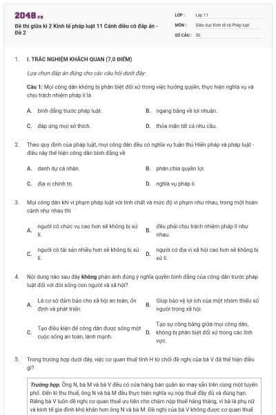 Đề thi giữa kì 2 Kinh tế pháp luật 11 Cánh diều có đáp án - Đề 2