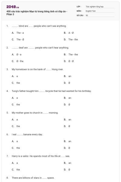 400 câu trắc nghiệm Mạo từ trong tiếng Anh có đáp án - Phần 3