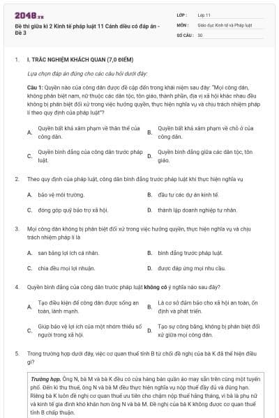 Đề thi giữa kì 2 Kinh tế pháp luật 11 Cánh diều có đáp án - Đề 3