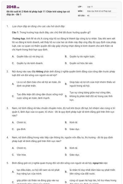 Đề thi cuối kì 2 Kinh tế pháp luật 11 Chân trời sáng tạo có đáp án - Đề 1