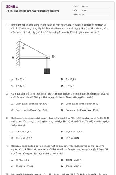 70 câu trắc nghiệm Tĩnh học vật rắn nâng cao (P2)