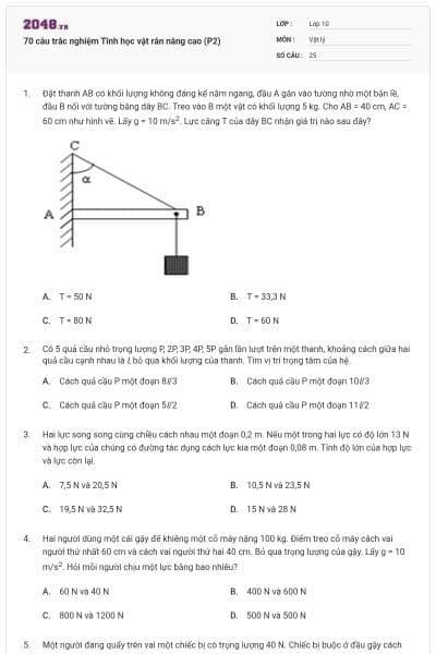 70 câu trắc nghiệm Tĩnh học vật rắn nâng cao (P2)