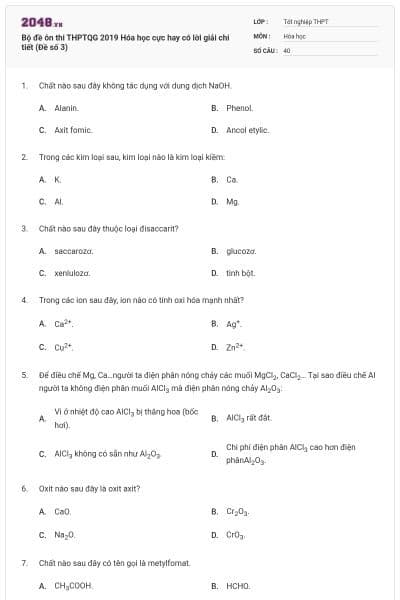 Bộ đề ôn thi THPTQG 2019 Hóa học cực hay có lời giải chi tiết (Đề số 3)