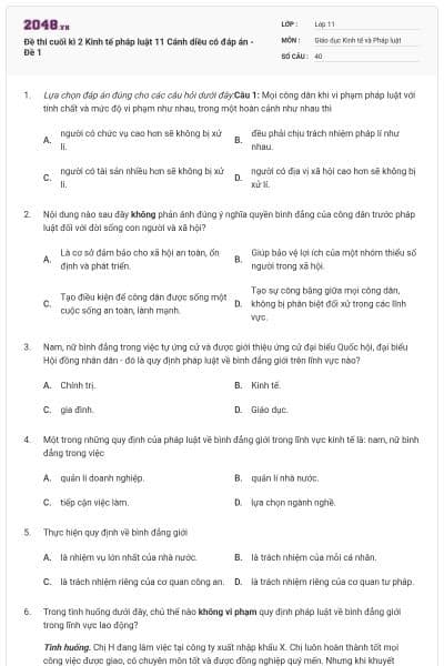 Đề thi cuối kì 2 Kinh tế pháp luật 11 Cánh diều có đáp án - Đề 1