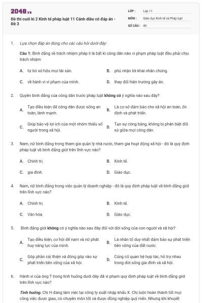 Đề thi cuối kì 2 Kinh tế pháp luật 11 Cánh diều có đáp án - Đề 3