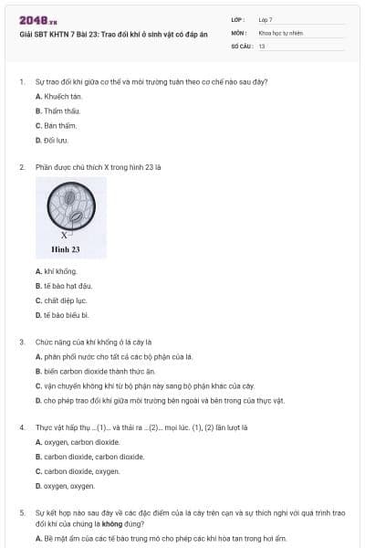 Giải SBT KHTN 7 Bài 23: Trao đổi khí ở sinh vật có đáp án