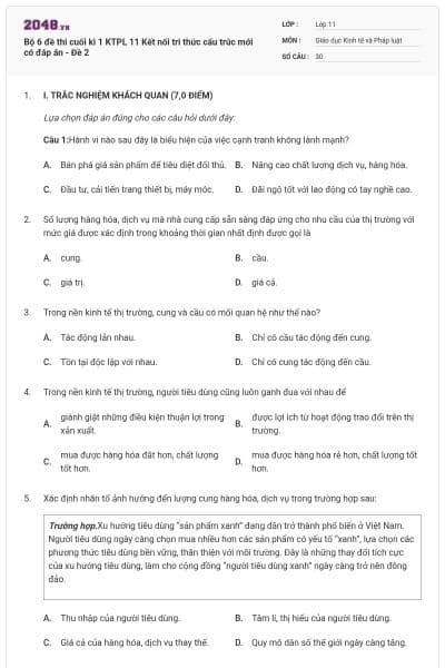 Bộ 6 đề thi cuối kì 1 KTPL 11 Kết nối tri thức cấu trúc mới có đáp án - Đề 2