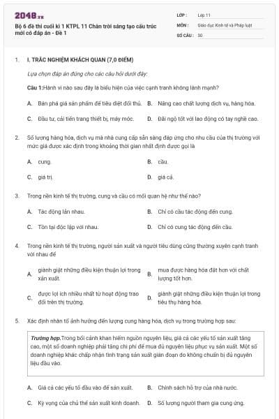 Bộ 6 đề thi cuối kì 1 KTPL 11 Chân trời sáng tạo cấu trúc mới có đáp án - Đề 1