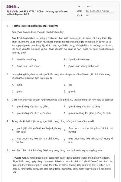 Bộ 6 đề thi cuối kì 1 KTPL 11 Chân trời sáng tạo cấu trúc mới có đáp án - Đề 2