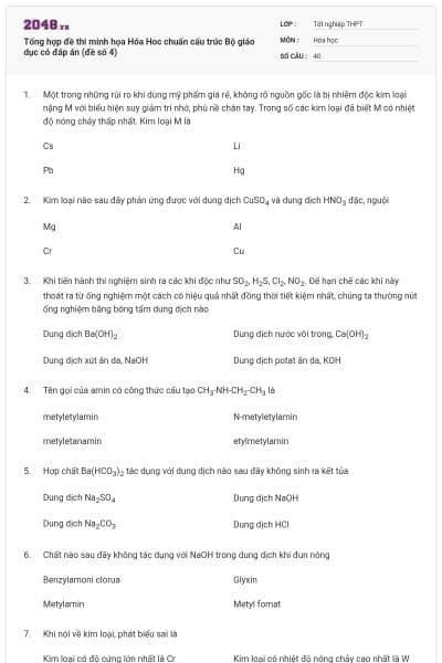 Tổng hợp đề thi minh họa Hóa Hoc chuẩn cấu trúc Bộ giáo dục có đáp án (đề số 4)