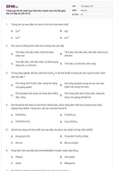 Tổng hợp đề thi minh họa Hóa Hoc chuẩn cấu trúc Bộ giáo dục có đáp án (đề số 3)
