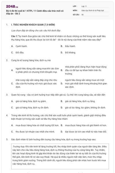 Bộ 6 đề thi cuối kì 1 KTPL 11 Cánh diều cấu trúc mới có đáp án - Đề 2