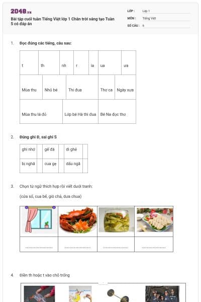 Bài tập cuối tuần Tiếng Việt lớp 1 Chân trời sáng tạo Tuần 5 có đáp án