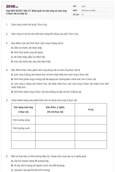 Giải SBT KHTN 7 Bài 27: Khái quát về cảm ứng và cảm ứng ở thực vật có đáp án