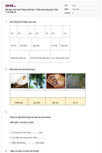 Bài tập cuối tuần Tiếng Việt lớp 1 Chân trời sáng tạo Tuần 7 có đáp án