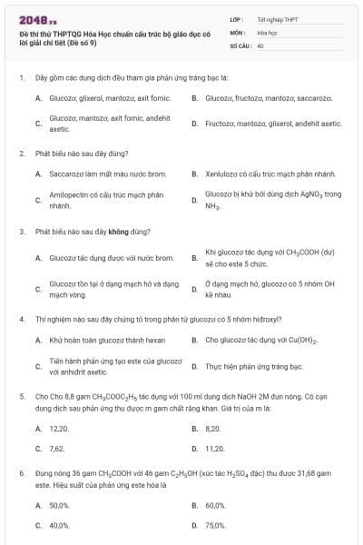 Đề thi thử THPTQG Hóa Học chuẩn cấu trúc bộ giáo dục có lời giải chi tiết (Đề số 9)