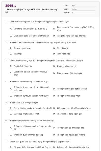 15 câu trắc nghiệm Tin học 9 Kết nối tri thức Bài 2 có đáp án