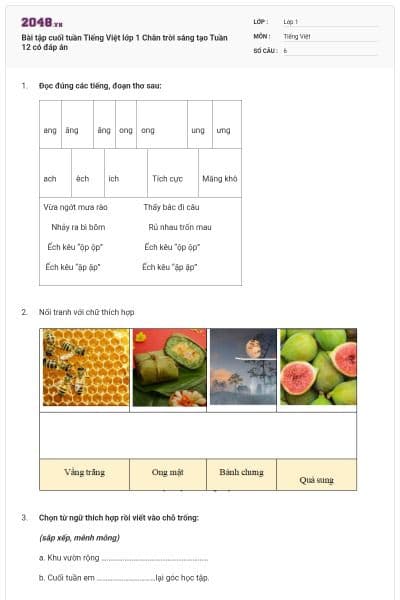 Bài tập cuối tuần Tiếng Việt lớp 1 Chân trời sáng tạo Tuần 12 có đáp án