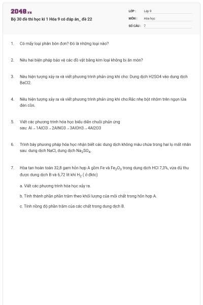 Bộ 30 đề thi học kì 1 Hóa 9 có đáp án_ đề 22