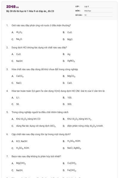 Bộ 30 đề thi học kì 1 Hóa 9 có đáp án_ đề 23