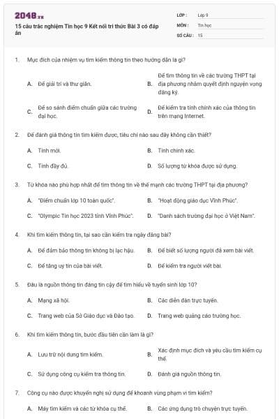 15 câu trắc nghiệm Tin học 9 Kết nối tri thức Bài 3 có đáp án