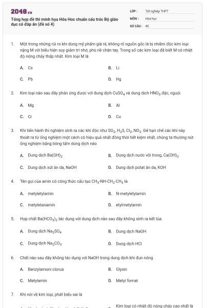 Tổng hợp đề thi minh họa Hóa Hoc chuẩn cấu trúc Bộ giáo dục có đáp án (đề số 4)