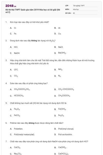 Đề thi thử THPT Quốc gia năm 2019 Hóa học có lời giải (Đề số 2)