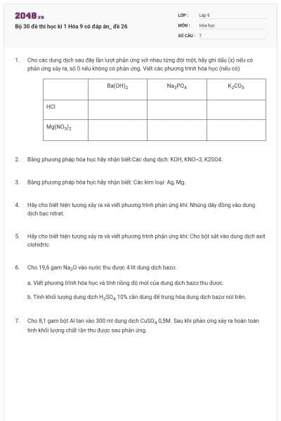 Bộ 30 đề thi học kì 1 Hóa 9 có đáp án_ đề 26